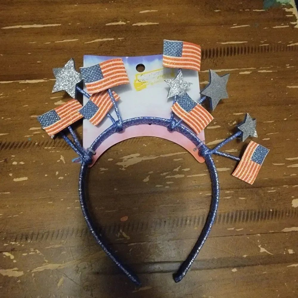 Girls Multicolor American Flag Star Ribbon Glitter Wrapped Headband